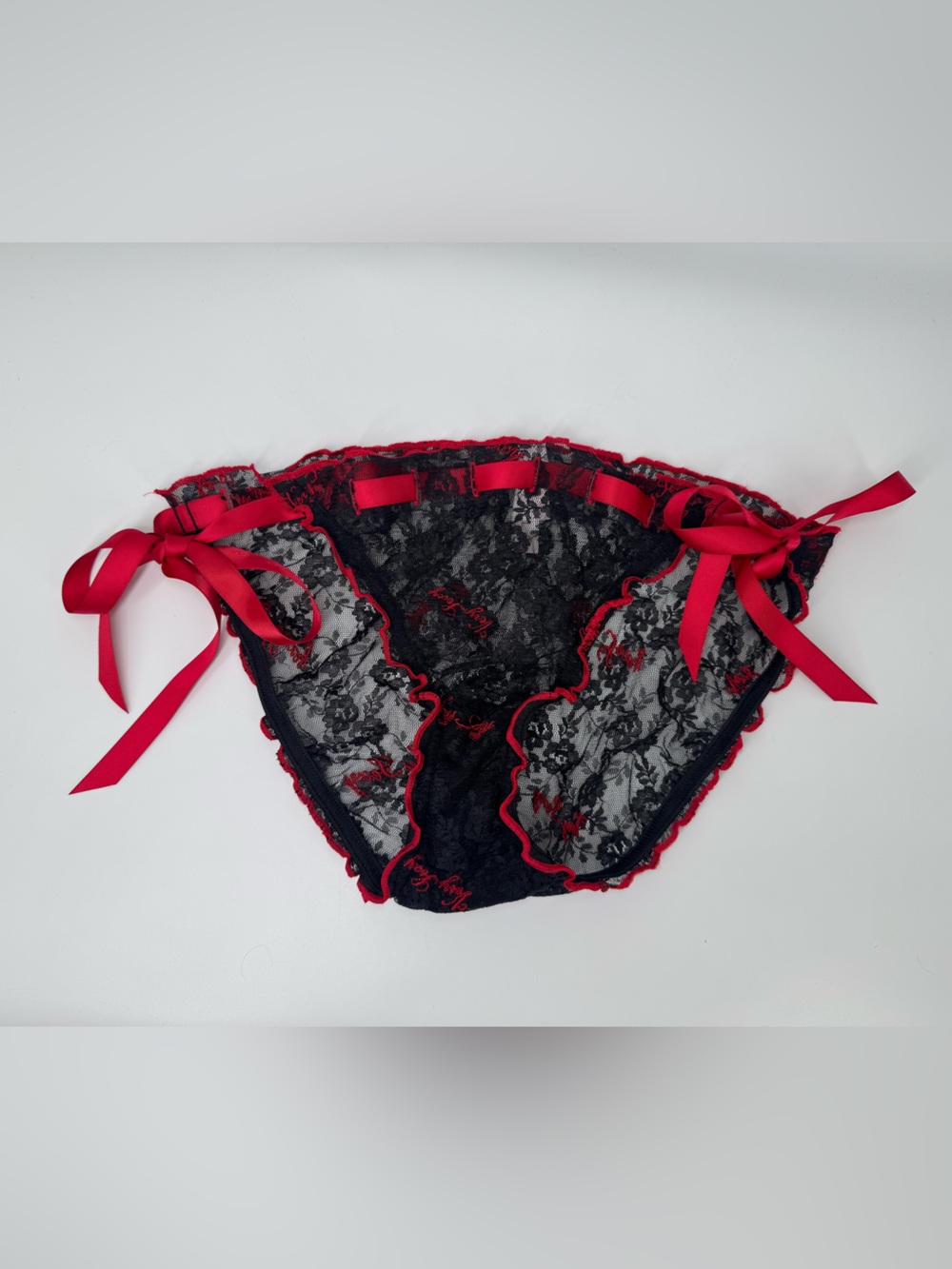 Victoria's Secret Black+ Red Lace Tie Side Panties Mesh Lingerie Size Medium